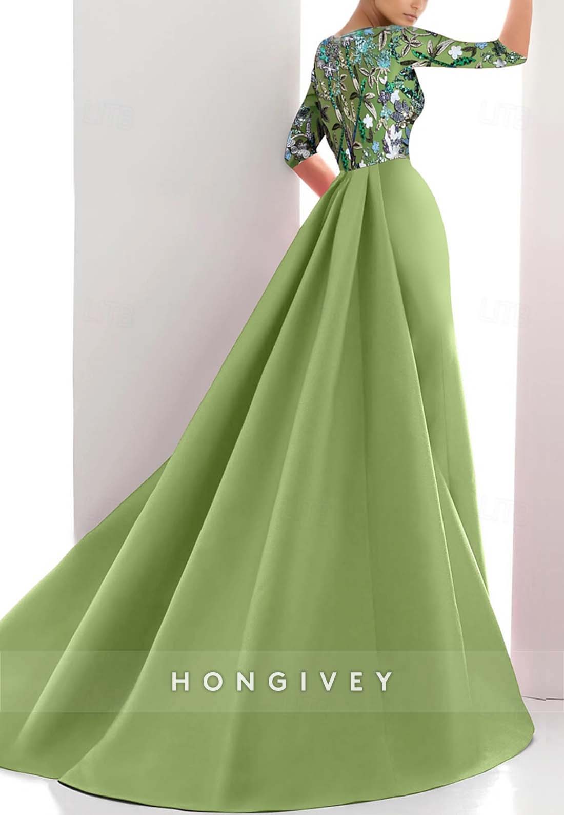 Half Sleeve Sheath Mother of the Bride Floor-Length Pleated Beading Evening Gown