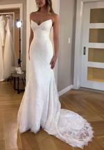 Mermaid V Neck Lace Long Wedding Dresses, Elegant Wedding Dress