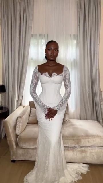 White Mermaid Wedding Dress Elegant African Lace Long Sleeves Bridal Gown
