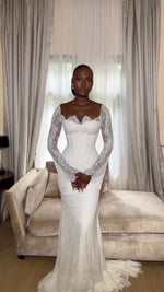 White Mermaid Wedding Dress Elegant African Lace Long Sleeves Bridal Gown