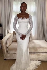 White Mermaid Wedding Dress Elegant African Lace Long Sleeves Bridal Gown