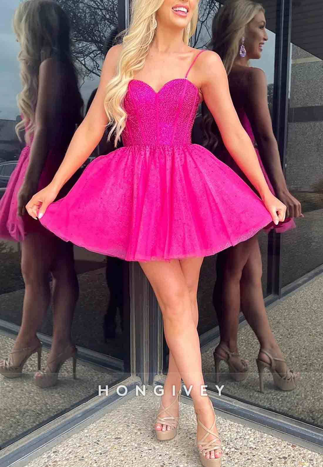 Gorgeous Fuchsia Spaghetti Straps Sweetheart Beading Short Homecoming Dress