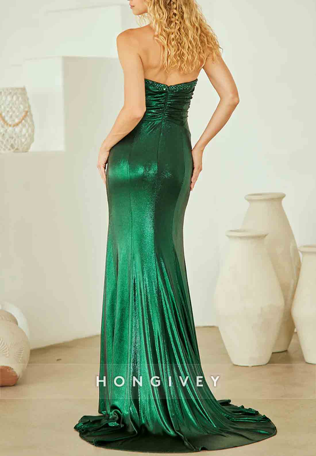 Elegant Sweep Train V-Neck Strapless Mermaid Prom Dresses with Side Slit