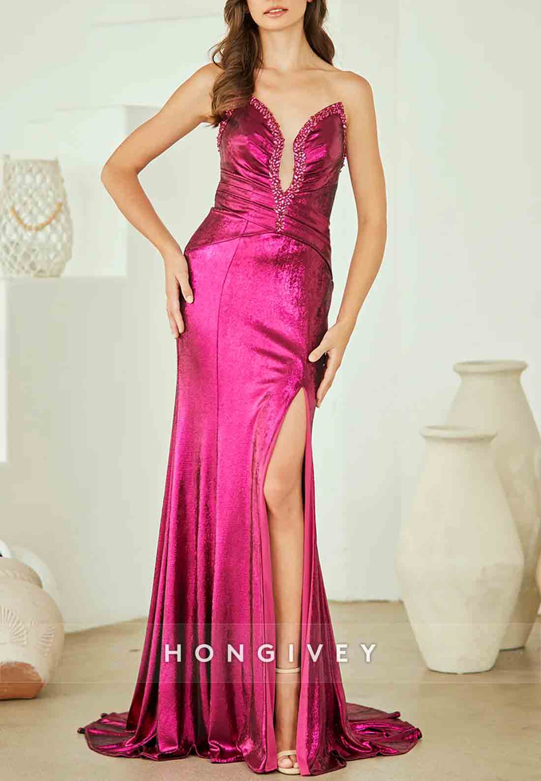 Elegant Sweep Train V-Neck Strapless Mermaid Prom Dresses with Side Slit