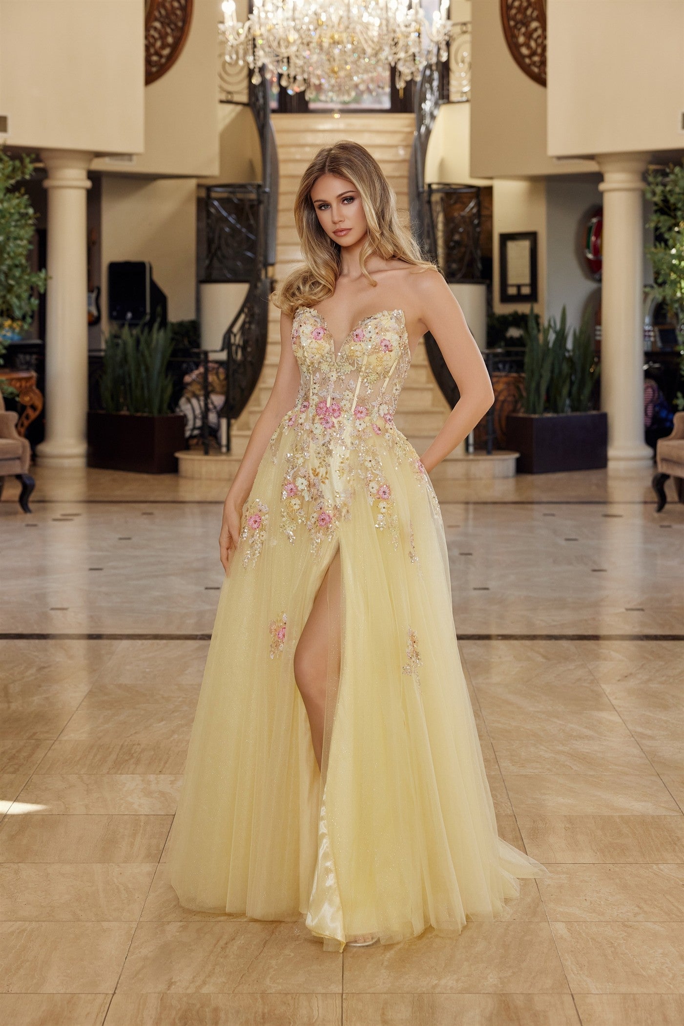 Sweetheart Sequins Flowers A-Line Side Slit Prom Dress