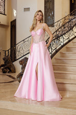 Simple Spaghetti Beaded Sleeveless Sheer A-Line Side Slit Prom Dress