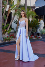 Simple Spaghetti Beaded Sleeveless Sheer A-Line Side Slit Prom Dress