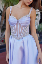 Simple Spaghetti Beaded Sleeveless Sheer A-Line Side Slit Prom Dress