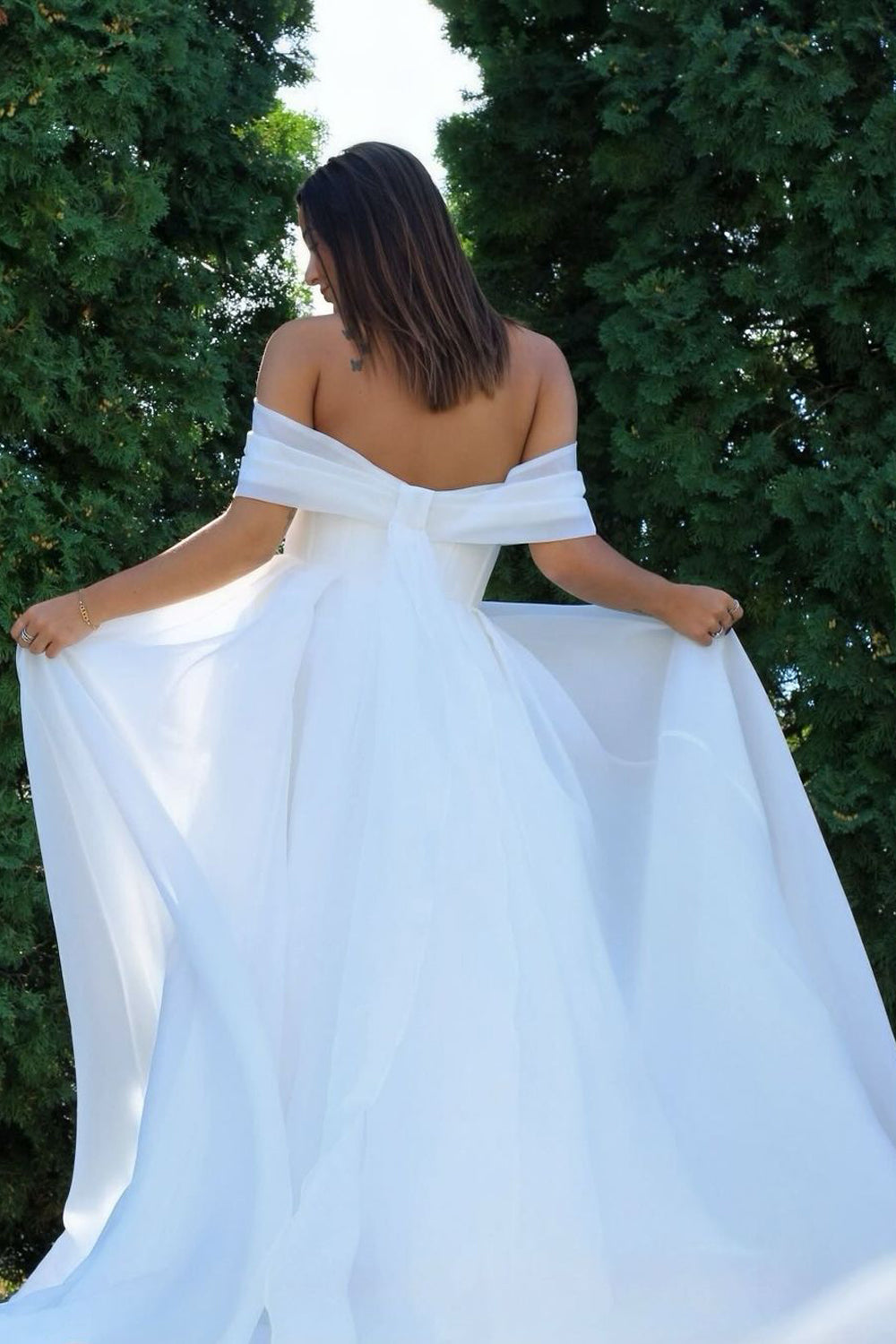 A Line Off the Shoulder Organza Satin Slit Wedding Dresses