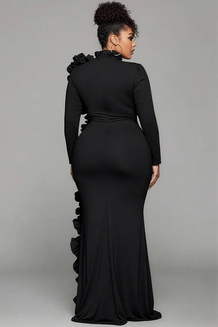 Plus Size Formal Black Round Neck Long Sleeve Split Elegant Ruffle 3D Satin Maxi Dresses