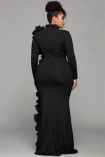 Plus Size Formal Black Round Neck Long Sleeve Split Elegant Ruffle 3D Satin Maxi Dresses