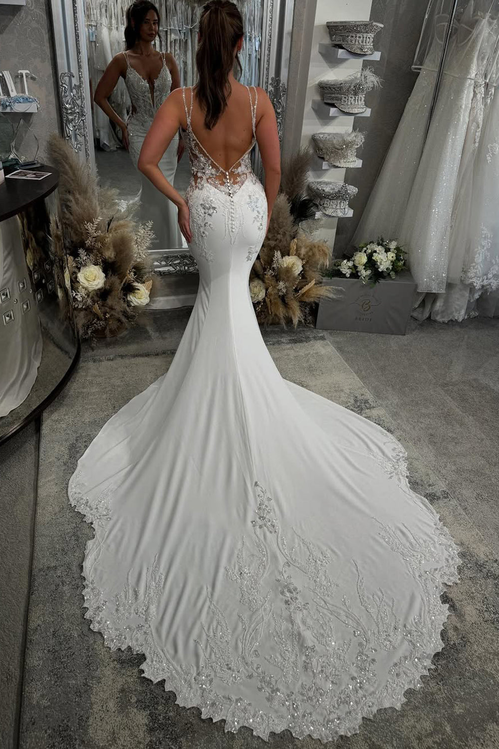 V Back Sleeveless Regular Straps V Neck Chapel Train Mermaid Wedding Dresses