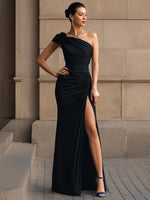 One-Shoulder Ruched High-Slit Evening Gown