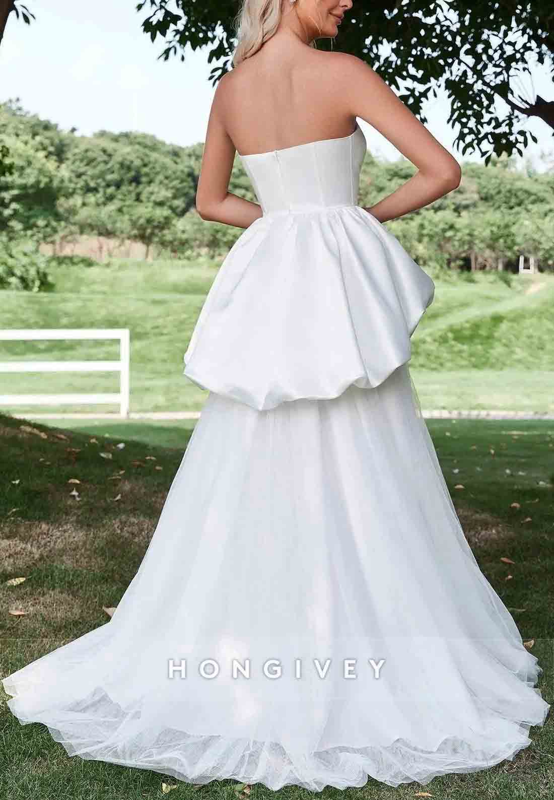 Ruffle Trim Strapless A-Line Tulle Mesh Overlay Satin Tube Wedding Dress