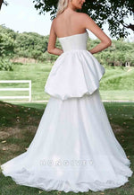 Ruffle Trim Strapless A-Line Tulle Mesh Overlay Satin Tube Wedding Dress