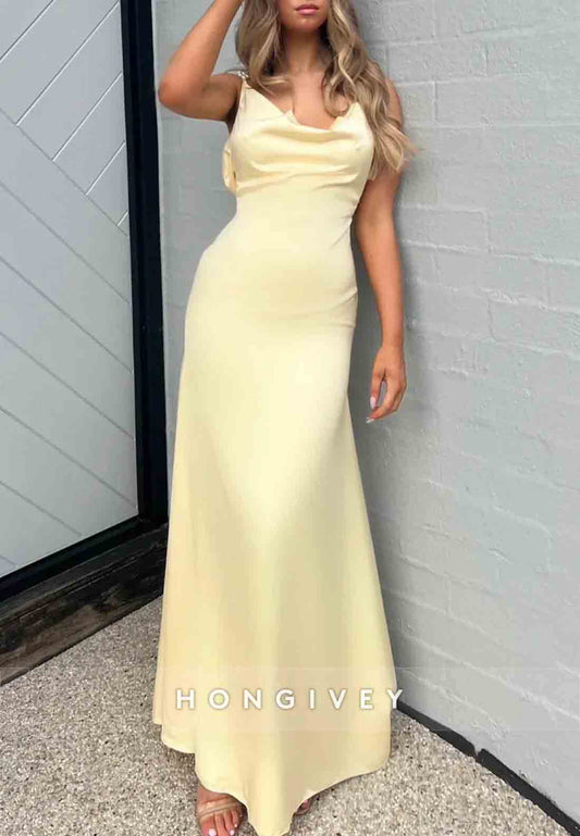 Yellow Charming Sheath Spaghetti Straps Long Party Dress with Pearl