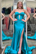 Mermaid Sweetheart Teal Satin Long Prom Dresses with Side Slit VK25101701