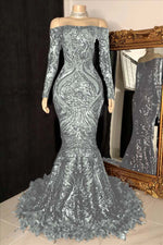 Hidais Long Sleeves Strapless Mermaid Prom Dress Sequins Burgundy With Feather