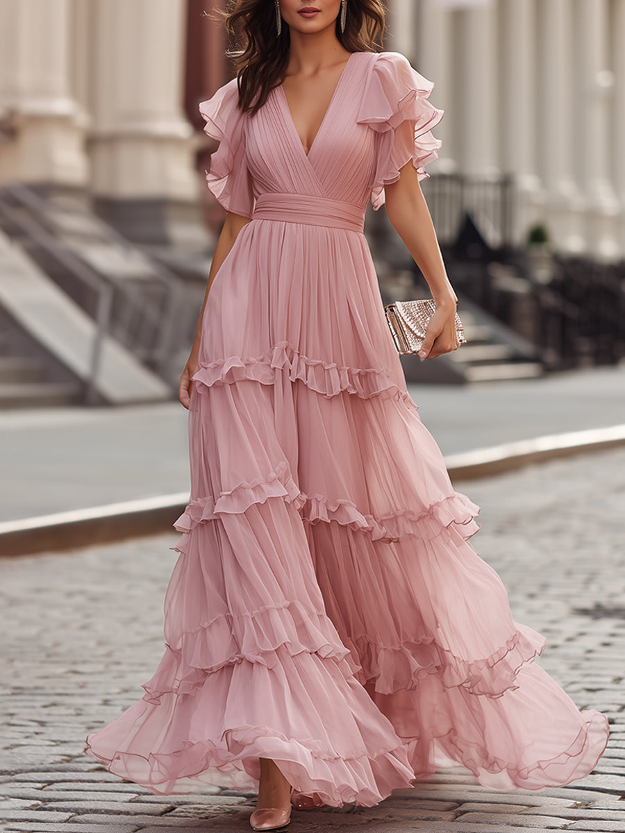 Ruffled V-Neck Tiered Maxi Dress
