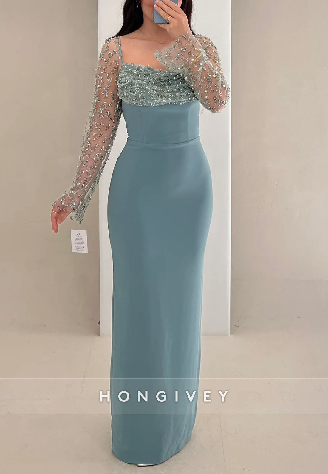 Column Long Sleeve Square Appliqued Detachable Floor-Length Evening Gown