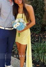 Side Draping Sheath Strapless Yellow Short Homecoming Dress with Ruched
