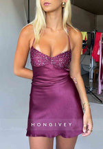 Sexy Halter Sleeveless Tie Back Spaghetti Straps Sheath Mini Homecoming Dresses