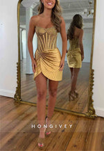 Sheath Strapless Pleated Side Slit Short Homecoming Dresses With Beading