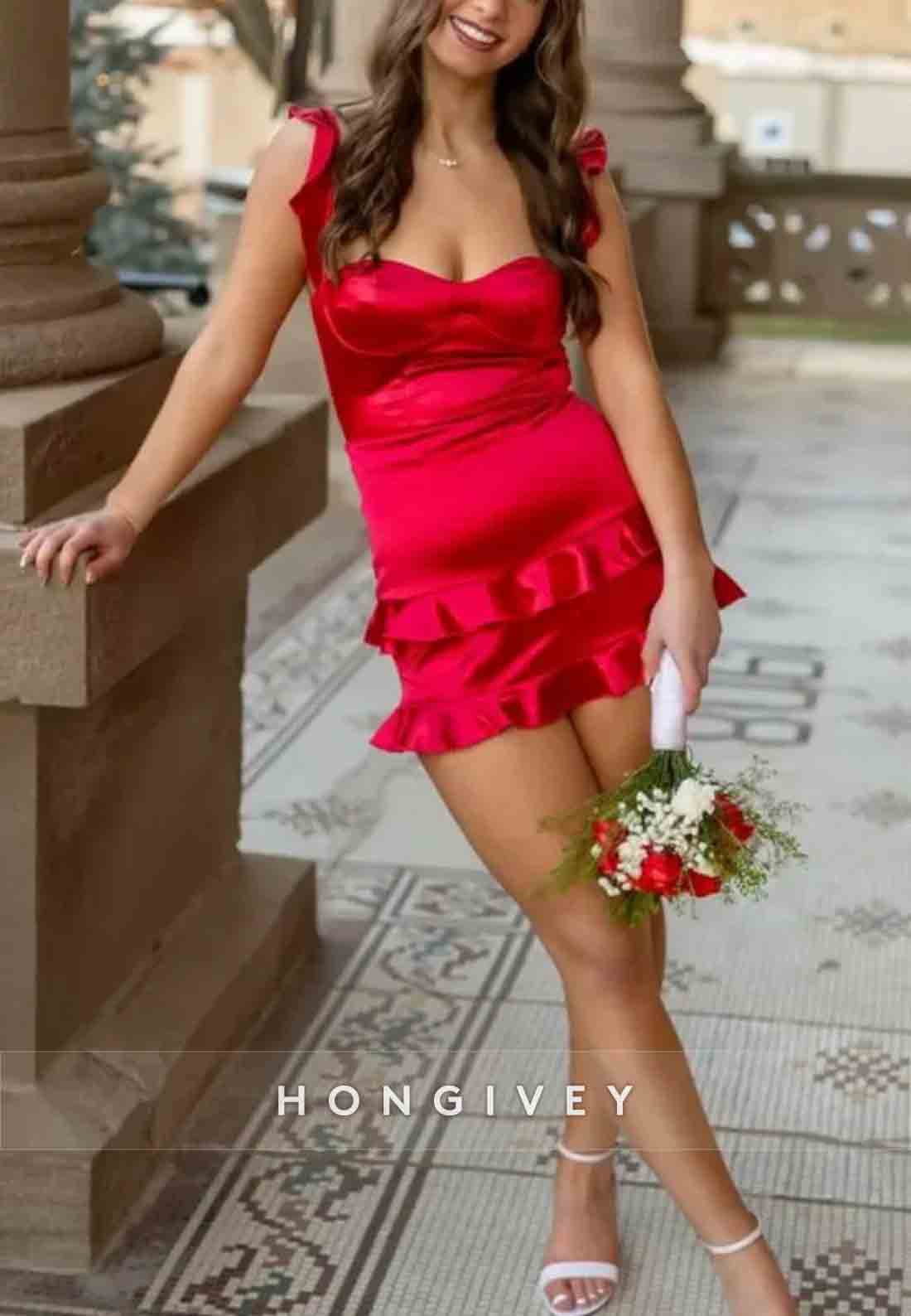 New Sheath Sweetheart Red Satin Mini Homecoming Dress with Ruffles