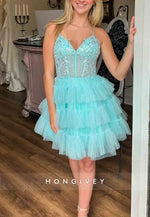 V-Neck A-Line Spaghetti Straps Short Homecoming Dress with Ruffles