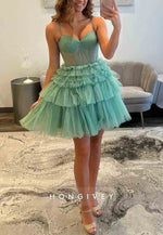 Green Corset Spaghetti Straps Short Homecoming Dress with Ruffles and Sparkle Details