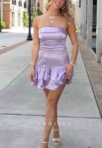 Cute Sheath Strapless Lilac Satin Short Homecoming Dress with Ruffles