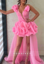 Gorgeous A Line One Shoulder Pink High Low Homecoming Dress with Train