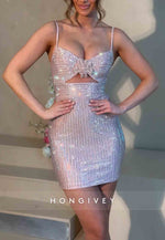 Sparkly Sheath Spaghetti Straps Sequins Short Homecoming Dress with Keyhole