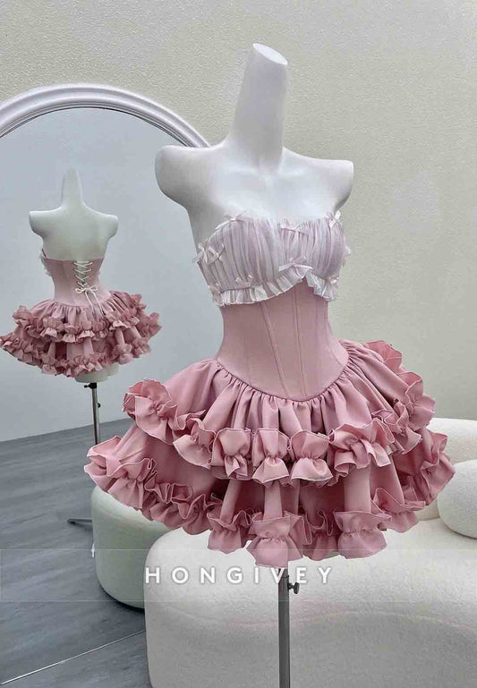 Chic Pink Strapless Ball Gown Short Homecoming Dresses with Ruched Bowknot