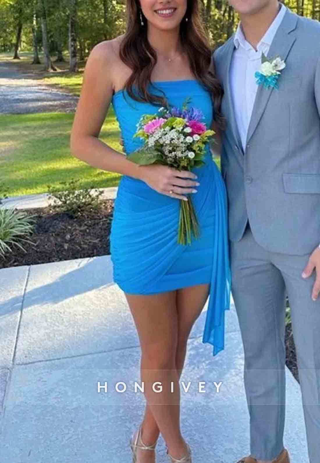 Ocean Blue Strapless Side Draping Pleated Short Homecoming Dresses with Ruched
