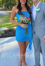 Ocean Blue Strapless Side Draping Pleated Short Homecoming Dresses with Ruched