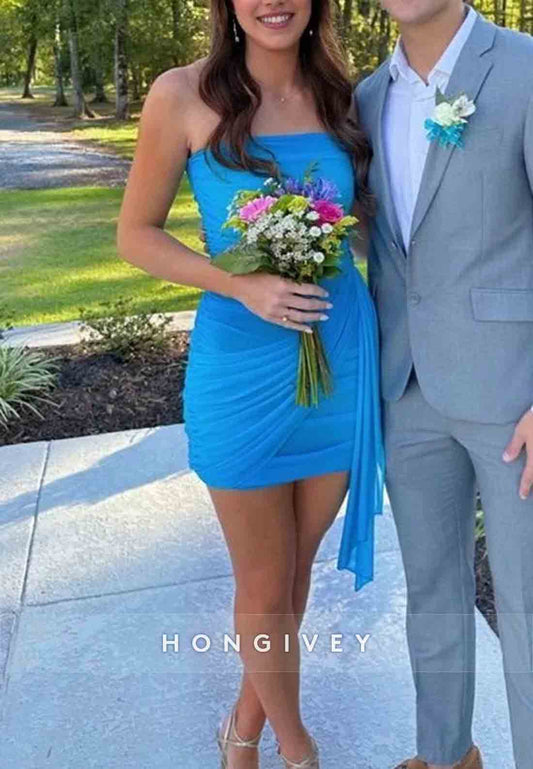 Ocean Blue Strapless Side Draping Pleated Short Homecoming Dresses with Ruched