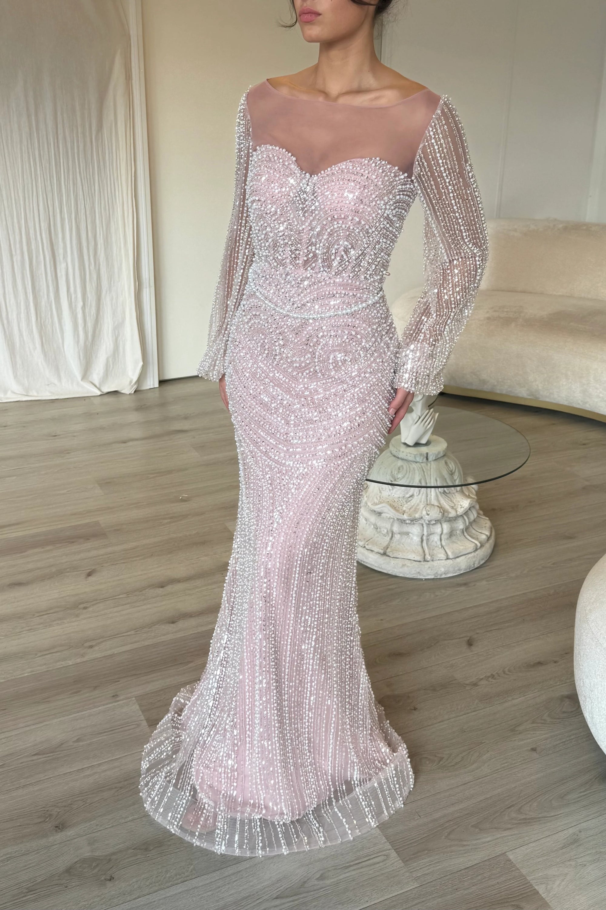 Sequins Sparkle Square Neck Long Sleeve Mermaid Floor-Length Evening Dress