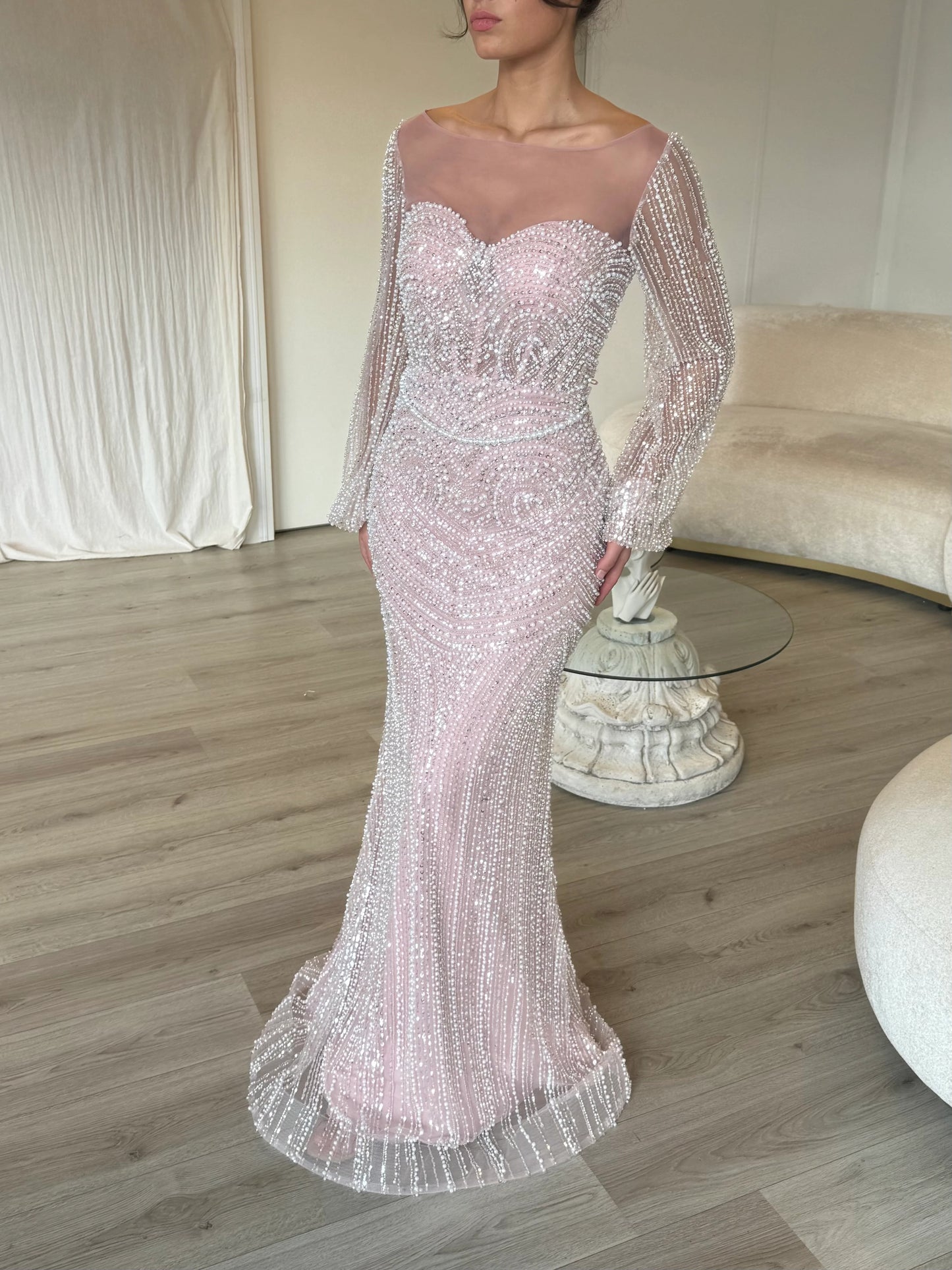Sequins Sparkle Square Neck Long Sleeve Mermaid Floor-Length Evening Dress