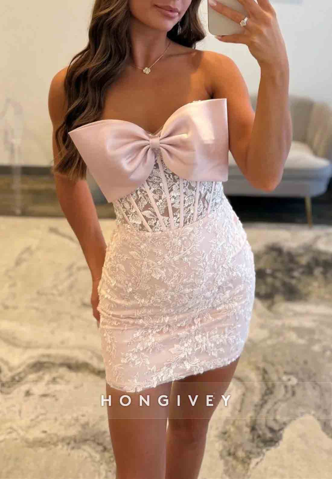 Lace Blush Pink Strapless Mini Homecoming Dress with Satin Bowknot and Corset Bodice
