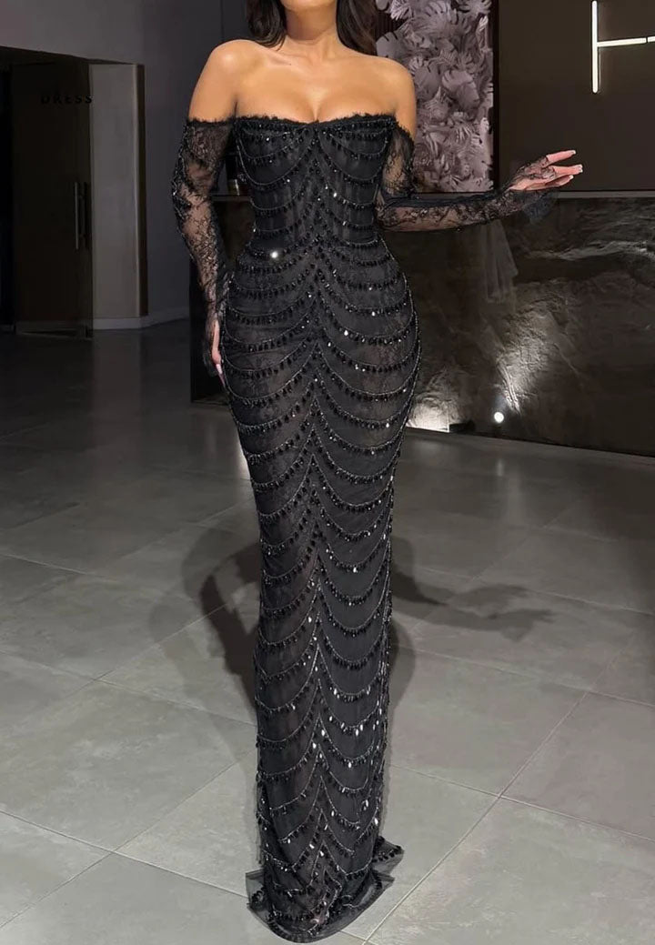 Luxury Beaded Sparkle Off the Shoulder Long Sleeve Mermaid Prom Dress