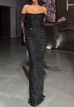 Luxury Beaded Sparkle Off the Shoulder Long Sleeve Mermaid Prom Dress