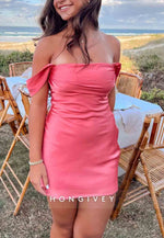 Chic Sheath Off the Shoulder Pleated Orange Satin Mini Homecoming Dress