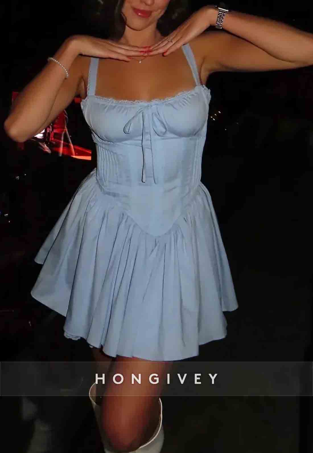 Sleeveless Regular Straps Square Neck Homecoming Dresses with Bowknot