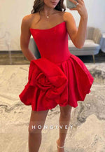 Strapless Red Corset A-Line Short Homecoming Dress with Dramatic Rose Detail