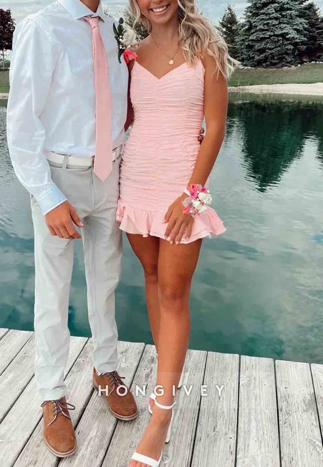 Fitted Flattering Spaghetti Straps Pink Mini Homecoming Dress with Ruched