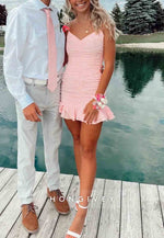 Fitted Flattering Spaghetti Straps Pink Mini Homecoming Dress with Ruched