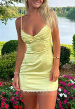 Chic Sheath Spaghetti Straps Yellow Short Homecoming Dress with Ruched