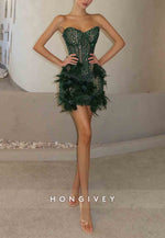 Sparkly Sweetheart Beading Sheath Mini Homecoming Dresses with Feather