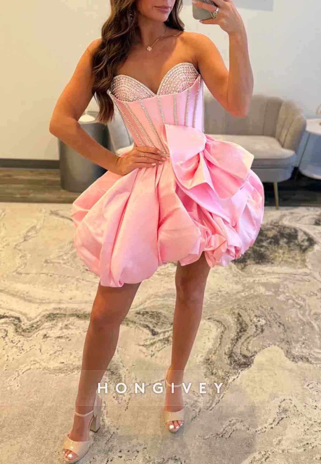 Pink Strapless Bubble Hem Homecoming Dress with Rhinestone Corset Bodice and Bow